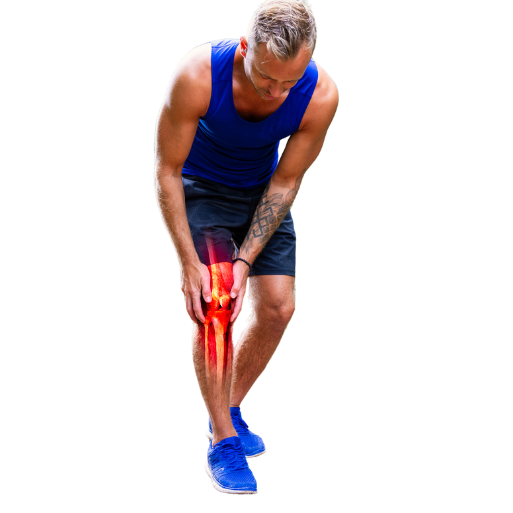 A male athlete in a blue sports outfit holding his painful knee, with an illustration of inflamed joints and bones visible.